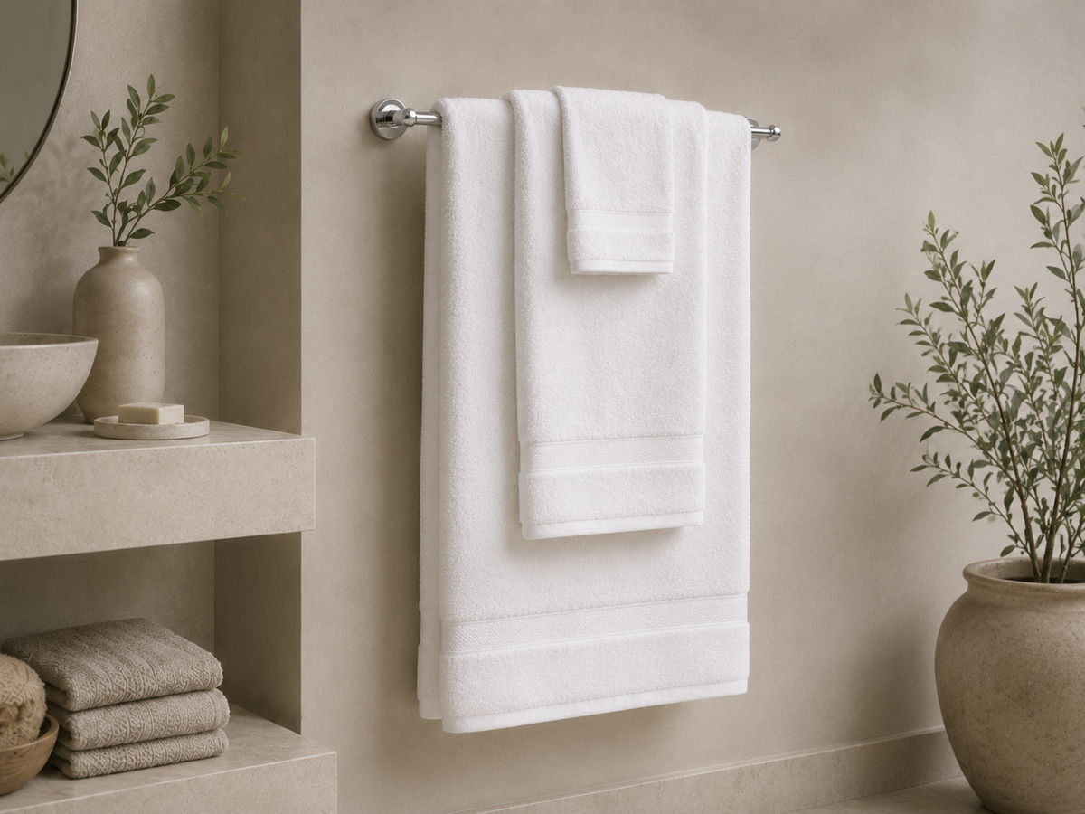 White towels hanging in a calm stone-toned bathroom