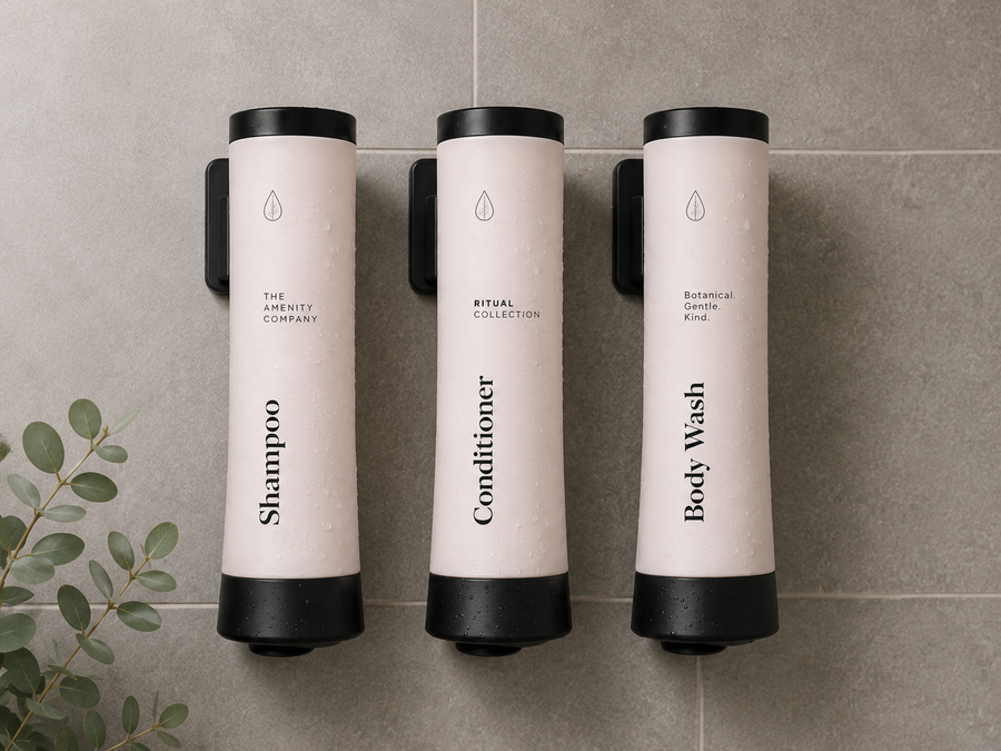 Shampoo, conditioner and body wash wall dispensers mounted on shower tile