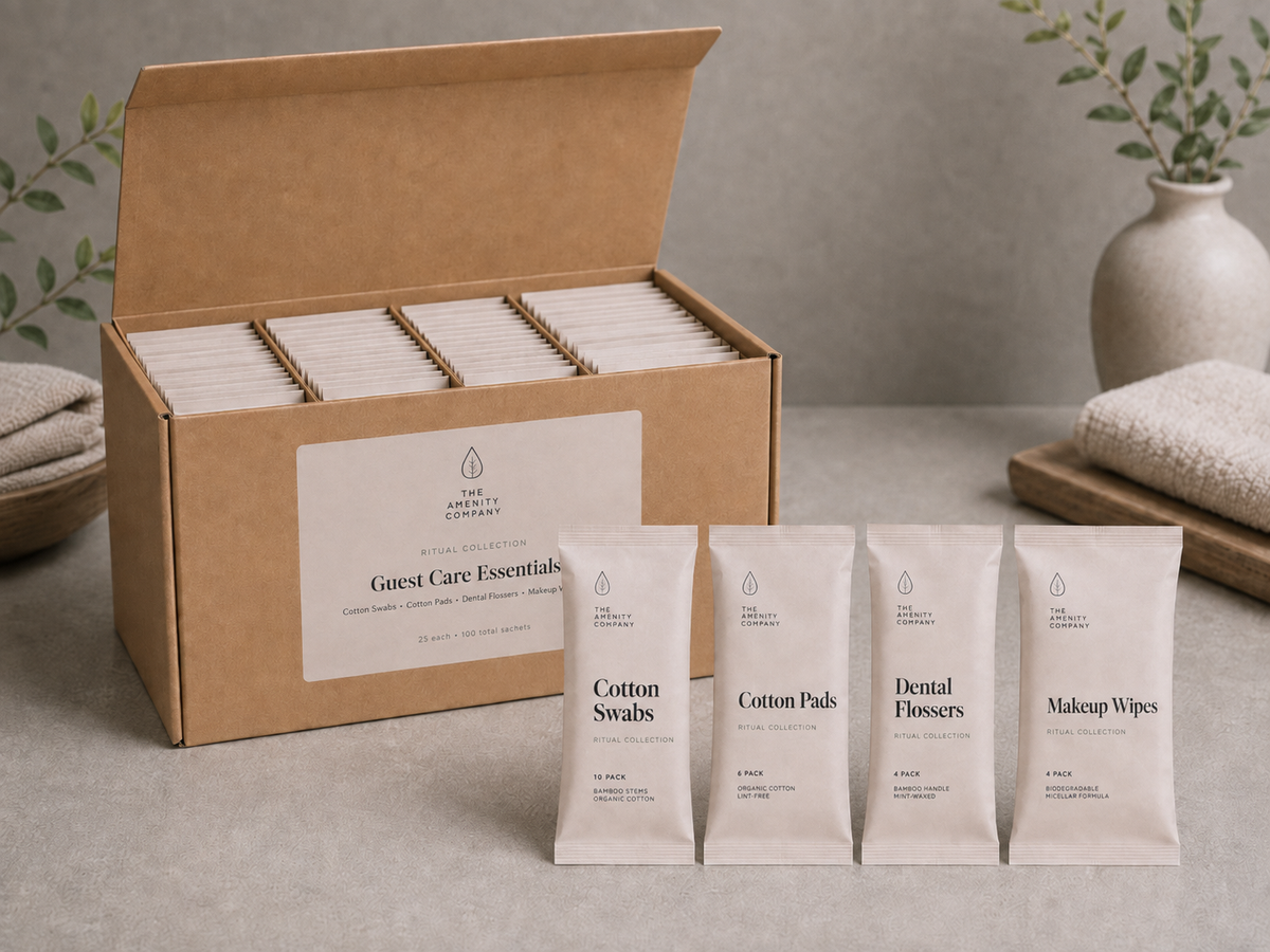 Guest essentials box open, showing individually sealed sachets