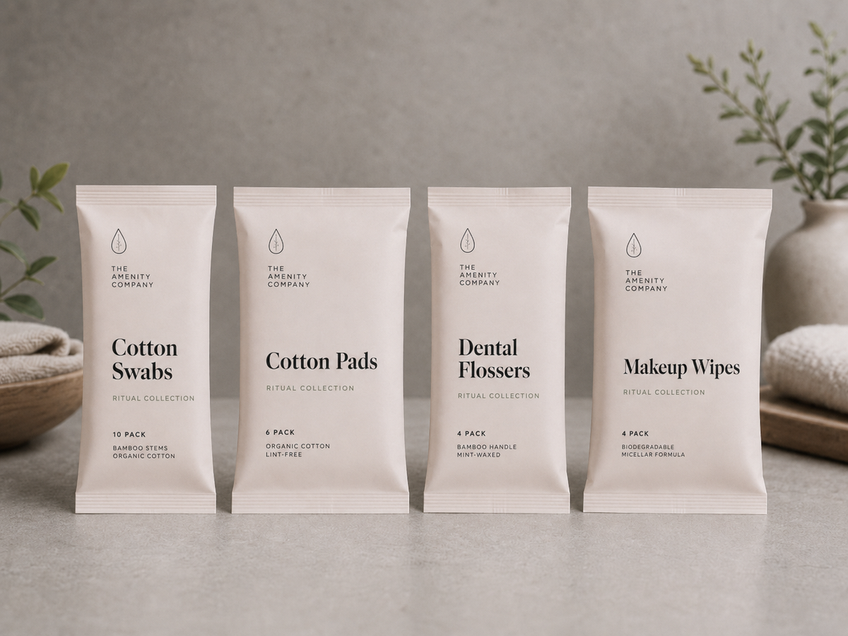 Guest essentials packs: cotton swabs, cotton pads, dental flossers and makeup wipes