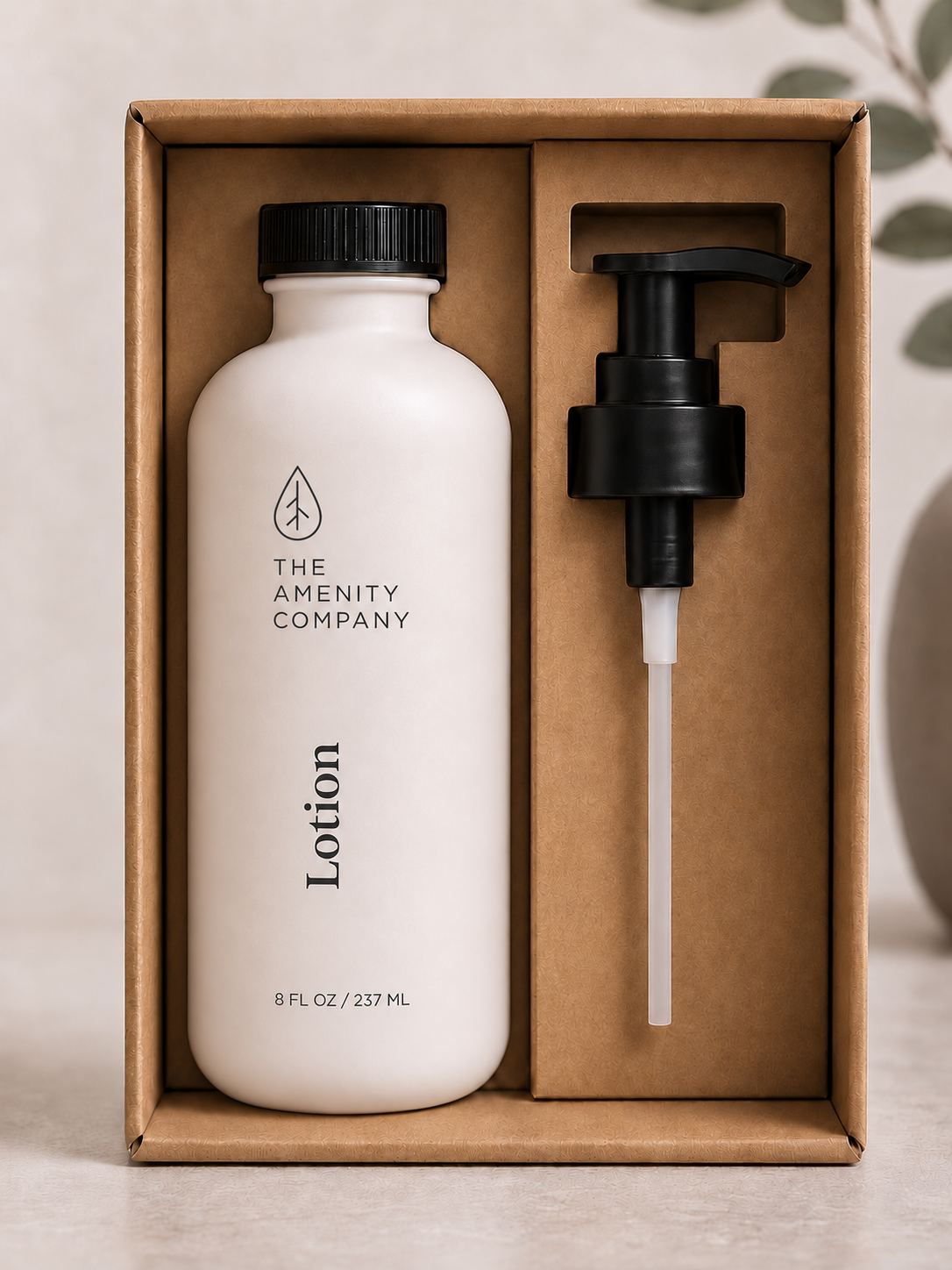 Lotion pump bottle and pump in a kraft box