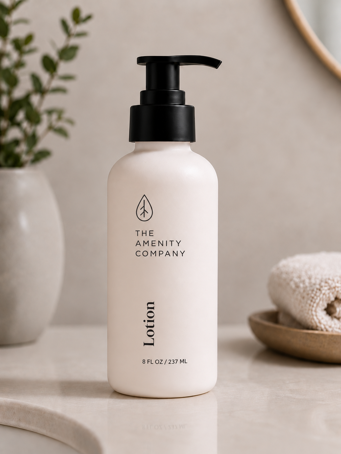 Matte lotion pump bottle on a bathroom vanity