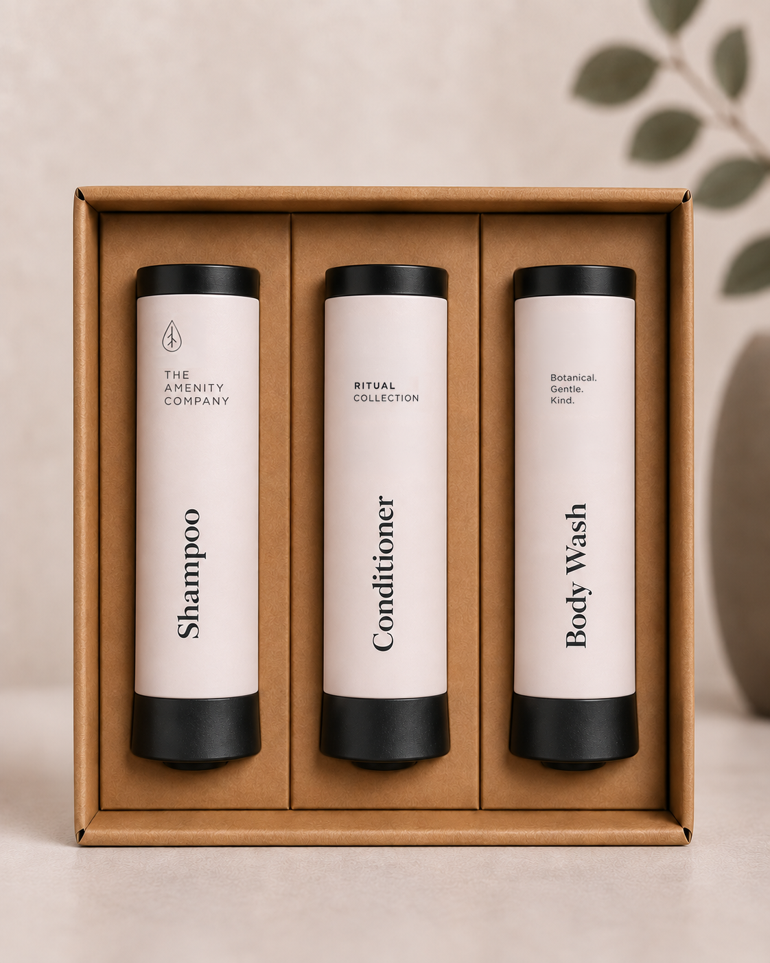 Shampoo, conditioner and body wash dispensers in a kraft box