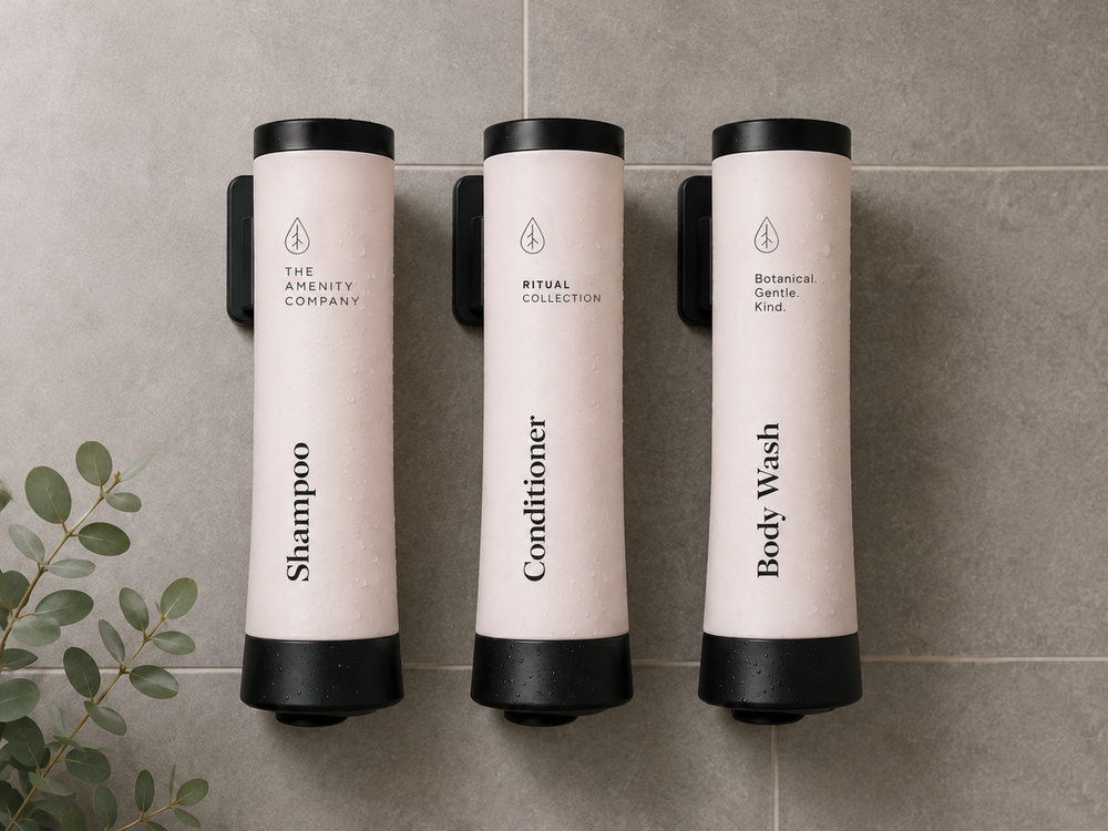 Shampoo, conditioner and body wash dispensers mounted on shower tile