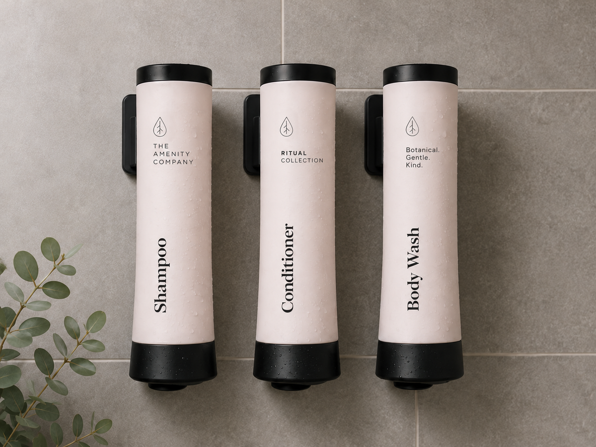 Shampoo, conditioner and body wash dispensers mounted on shower tile