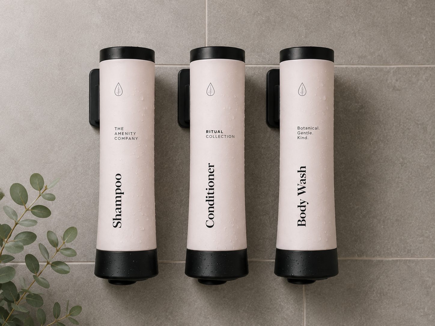 Matte wall dispensers in a tiled shower