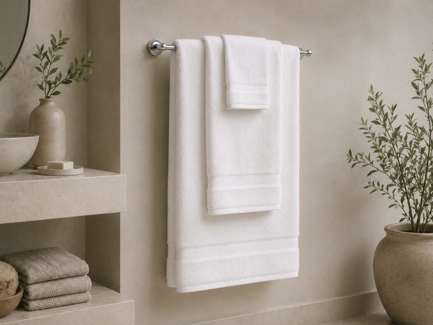 White towels hanging on a chrome bar in a calm stone-toned bathroom